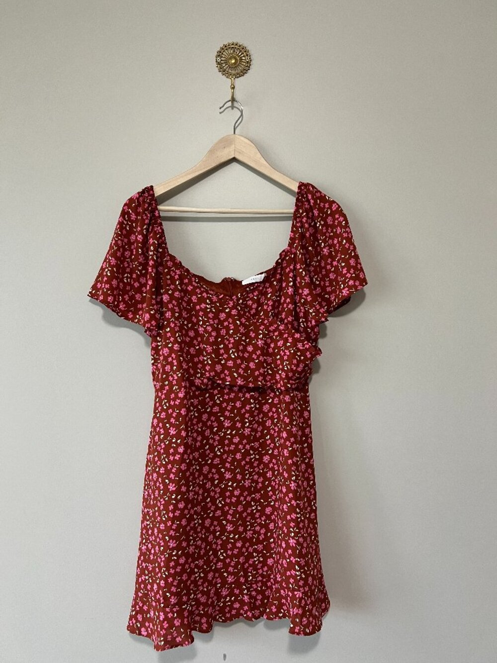 Lush Floral Mini Dress XL Pink Brown Ruffle Hem Cottagecore Boho